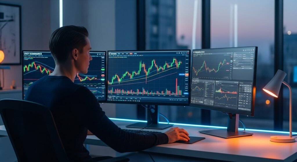 다중 모니터를 활용해 시장 지표와 확률 데이터를 분석하는 트레이더