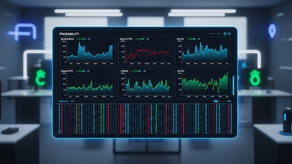 실시간 MGM홀짝 확률 그래프와 암호화된 보안 코드가 표시된 하이테크 모니터
