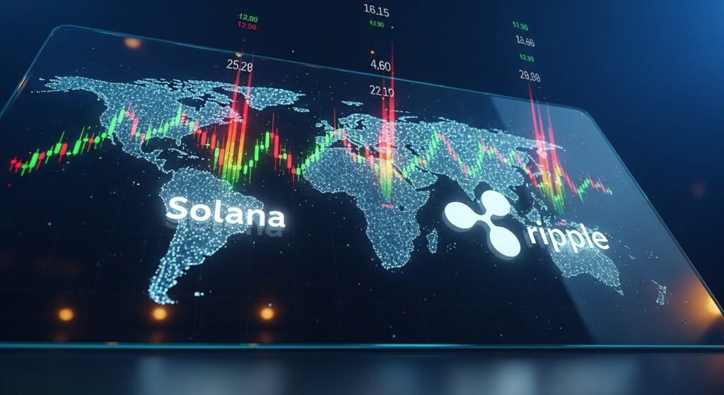 세계 지도 위에 표시된 다양한 알트코인 ETF 로고와 상승 그래프